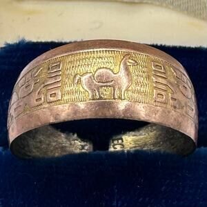 ECH South American copper bronze brass gold tone etched figurals adjustable ring